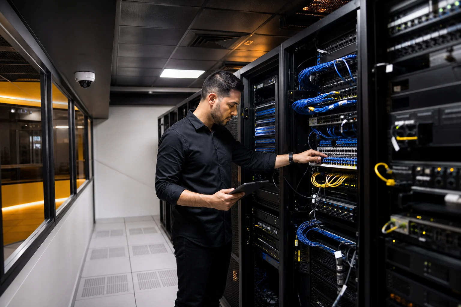 Técnico verificando uma infraestrutura profissional de redes e servidores